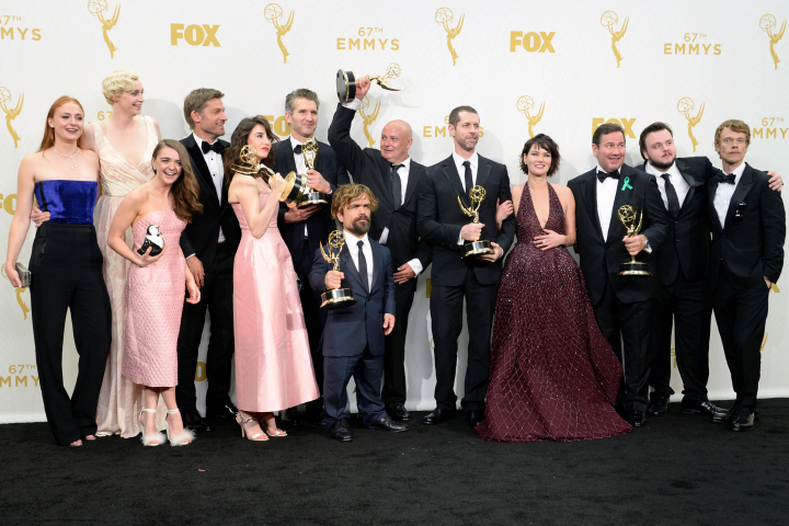 LOS ANGELES, CA - SEPTEMBER 20:  (L-R) Actors Sophie Turner, Gwendoline Christie, Maisie Williams, Nikolaj Coster-Waldau, Carice van Houten, writer David Benioff, actor Peter Dinklage, Conleth Hill, writer D. B. Weiss, Lena Headey, director David Nutter and actors John Bradley-West and Alfie Allen, winners of Outstanding Drama Series for "Game of Thrones", pose in the press room at the 67th Annual Primetime Emmy Awards at Microsoft Theater on September 20, 2015 in Los Angeles, California.  (Photo by Michael Kovac/Getty Images for AXN)